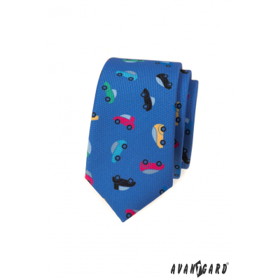 Cravată îngustă albastră cu mașini de jucărie colorate