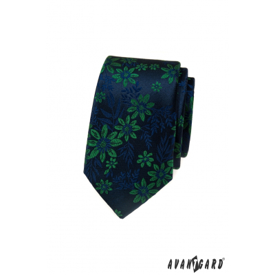 Cravată îngustă cu model albastru-verde