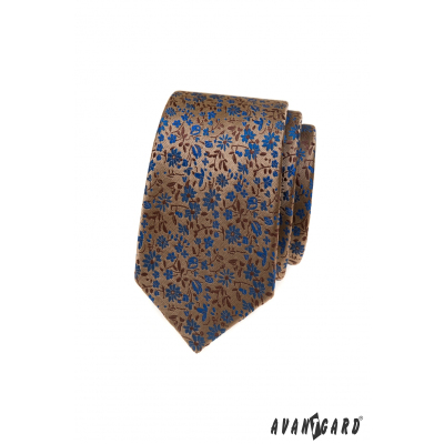 Cravată maro îngustă cu model floral