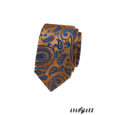 Cravata portocalie cu model paisley albastru
