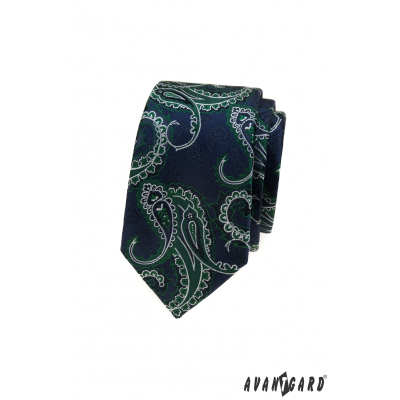 Cravată îngustă albastră, model verde paisley