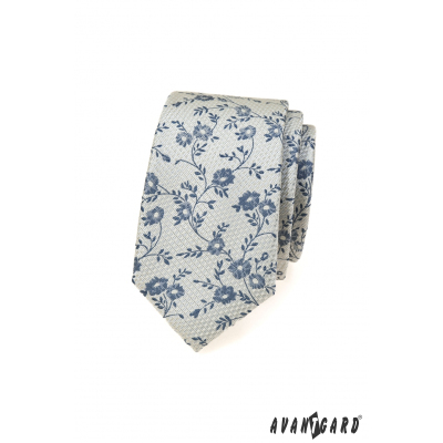 Cravata gri cu model floral albastru