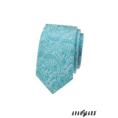 Cravată îngustă turcoaz cu model paisley