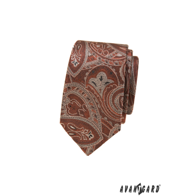 Cravată îngustă cu model paisley maro