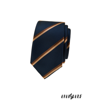 Cravată îngustă albastru închis cu dungă maro