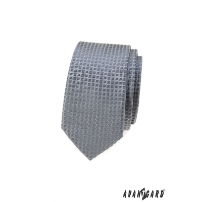 Cravată îngustă gri cu model în carouri
