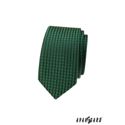Cravată îngustă verde cu model 3D în carouri