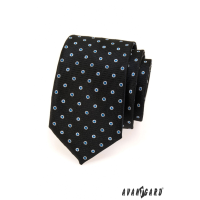 Cravată neagră pentru bărbați cu buline albastru-alb
