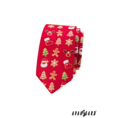 Cravată roșie îngustă cu motiv de Crăciun