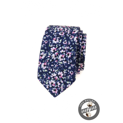 Cravată îngustă albastru închis cu flori roz