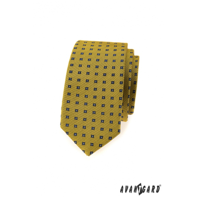 Cravată îngustă galben închis cu model albastru