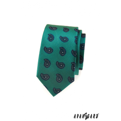Cravată îngustă verde cu motiv paisley albastru
