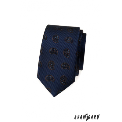 Cravată îngustă albastră cu un model paisley mic