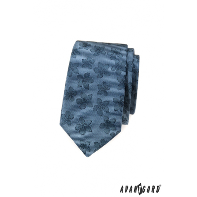Cravată îngustă albastră cu un model floral întunecat