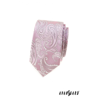 Cravată îngustă roz cu motiv paisley