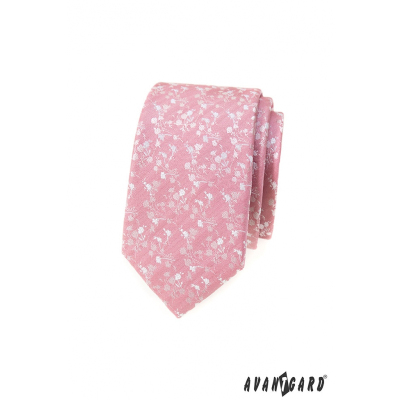 Cravată îngustă roz pudrat cu model alb
