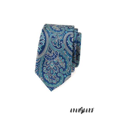 Cravată îngustă cu motiv paisley albastru
