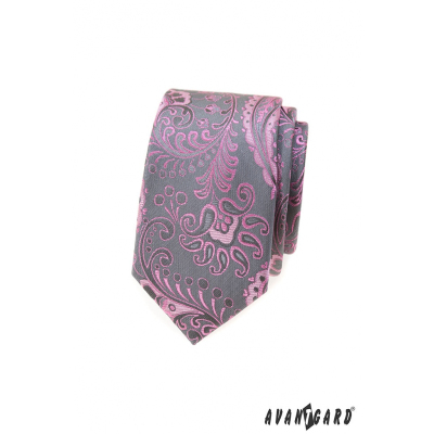 Cravată îngustă gri cu model paisley roz