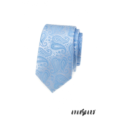 Cravată îngustă cu model paisley albastru deschis