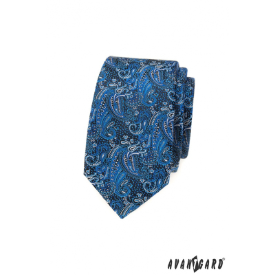 Cravată îngustă cu model paisley albastru