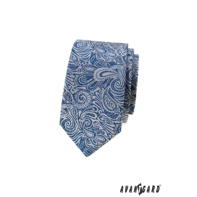 Cravată îngustă albastră cu model paisley