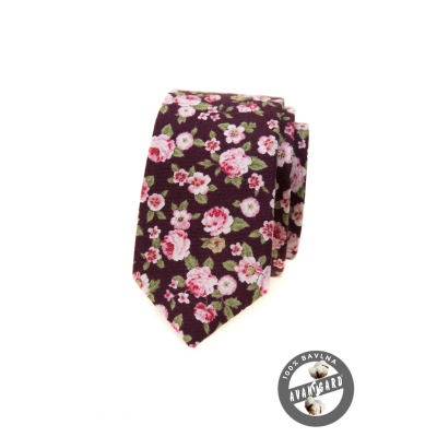 Cravată îngustă cu flori roz