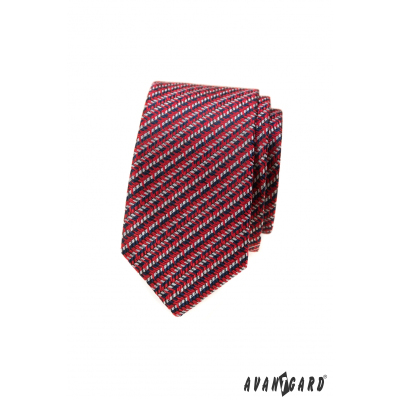 Cravată roșie îngustă cu model albastru-alb