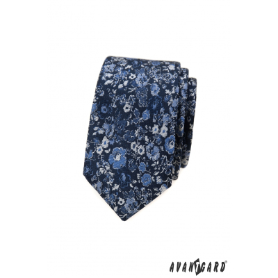Cravată îngustă albastru închis cu model floral