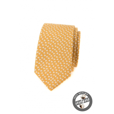 Cravata ingusta din bumbac galben cu triunghiuri