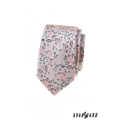 Cravată îngustă gri de lux cu model roz