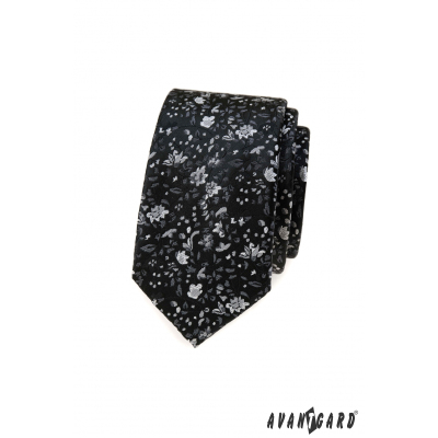 Cravată neagră îngustă cu model floral