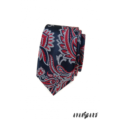 Cravată îngustă albastră cu model paisley roșu