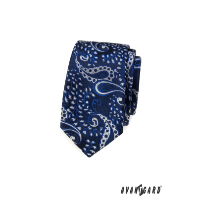 Cravată Paisley cu model albastru îngust