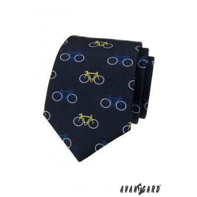 Cravată albastră cu model de biciclete colorat