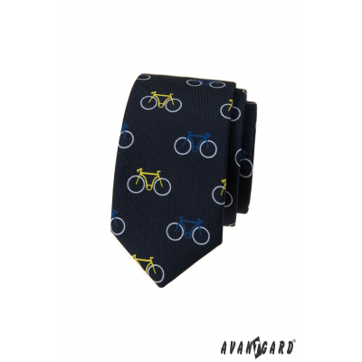 Cravată îngustă albastră, model de bicicletă colorat