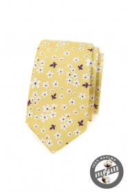 Cravata ingusta din bumbac galben cu flori albe