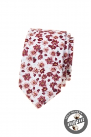 Cravată albă îngustă cu model de flori roșii
