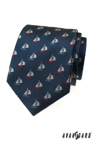 Cravată albastră cu motiv barca cu pânze