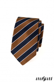 Cravată îngustă în dungi maro-albastru