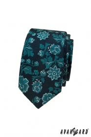 Cravată îngustă albastră cu motiv flori