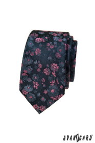 Cravată îngustă albastră cu model roz