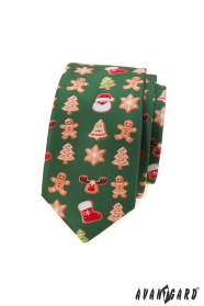 Cravată verde îngustă cu motiv de Crăciun