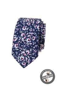 Cravată îngustă albastru închis cu flori roz