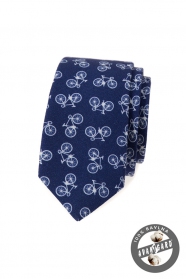 Cravată îngustă din bumbac albastru cu motiv de bicicletă