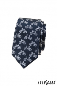 Cravată îngustă albastră cu motiv de bicicletă