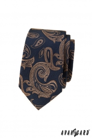 Cravată îngustă albastră cu motiv paisley maro
