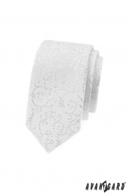 Cravată albă îngustă cu ornamente argintii