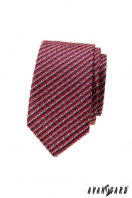 Cravată roșie îngustă cu model albastru-alb