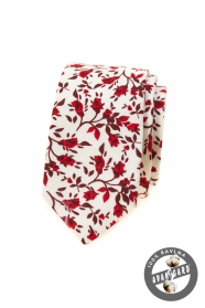 Cravată albă îngustă cu flori roșii