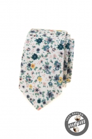 Cravată albă îngustă cu flori de pajiște colorate